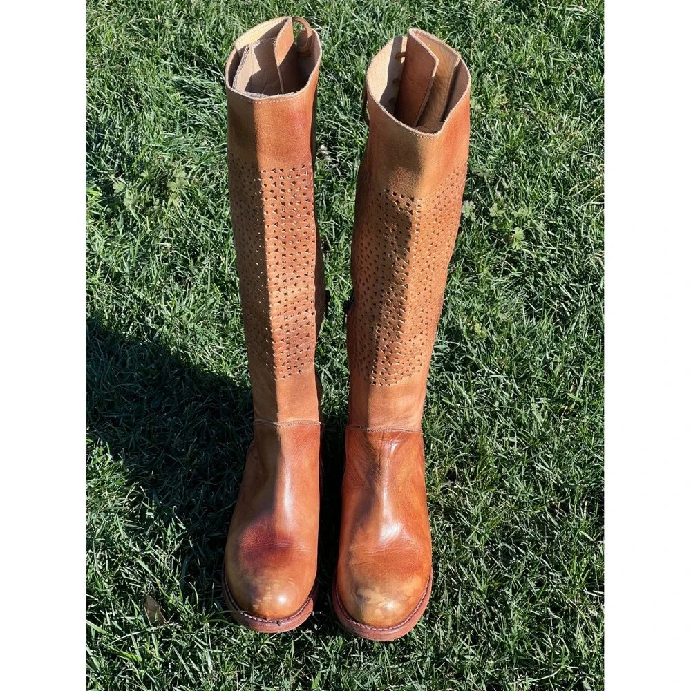 BED STU Tan Leather Knee High Boots Sz 7 Cutout‎ Laced Side Goodyear Welt Women